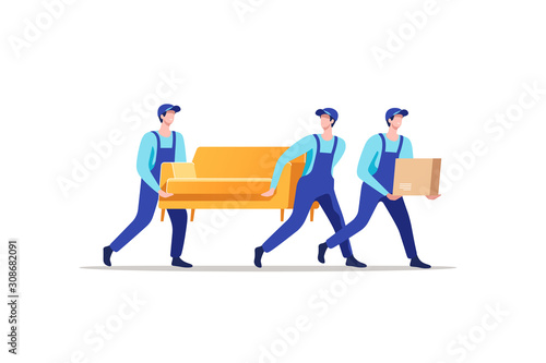 Delivery service and moving. Men in uniform carrying sofa and cardboard box. Vector illustration.