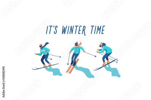 Vector illustration of skiers on mountain with text. Sports men in the ski resort. Winter seasonal activity.
