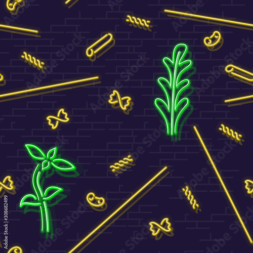 Neon pasta pattern with basil and arugula. Night illuminated image for postcard or social media image. Colorful icons on brick wall.