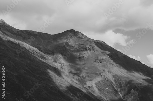 Black and white shot of Colorful mountains, Ushba, Main Caucasian ridge. Zemo Svaneti, Georgia. Autumn landscape.
