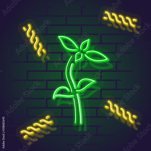 Neon basil fusilli pasta. Night illuminated wall street sign for menu or banner. Square illustration on brick wall background.