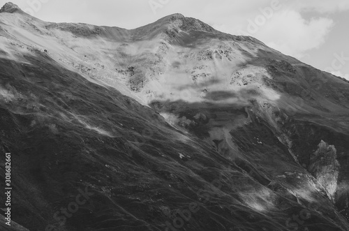 Black and white shot of Colorful mountains, Ushba, Main Caucasian ridge. Zemo Svaneti, Georgia. Autumn landscape.