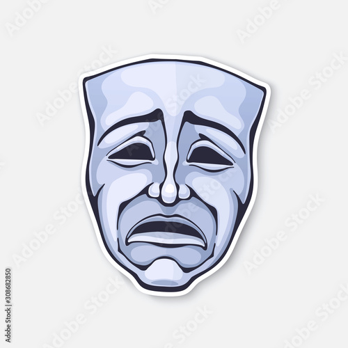 Vector illustration. Theatrical drama mask. Vintage opera mask for tragedy actor. Face expresses negative emotion. Movie industry. Sticker with contour. Isolated on white background