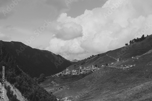 Black and white shot of High mountain village Adishi in Svaneti, Georgia photo