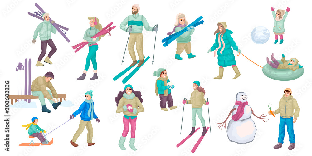 Set of people involved in winter activity. Family lifestyle. Vector illustration
