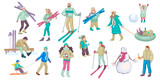 Set of people involved in winter activity. Family lifestyle. Vector illustration