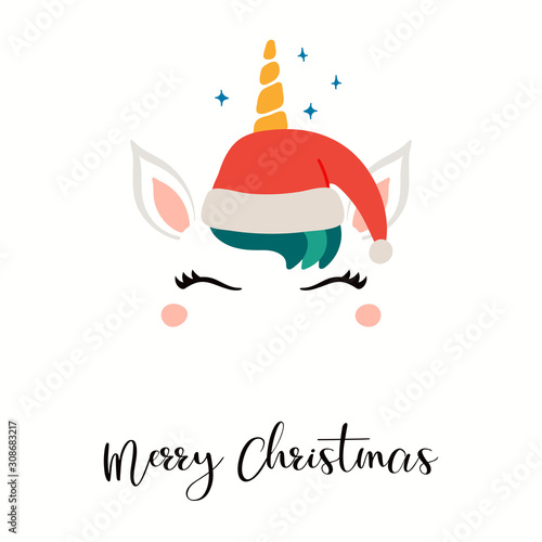 Hand drawn card with cute unicorn face in Santa Claus hat, stars, text Merry Christmas. Vector illustration Isolated objects on white. Flat style design. Concept for holiday print, invite, gift tag.