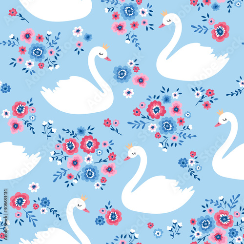 Vector seamless pattern with cartoon swan and flowers. Lake illustration on blue background