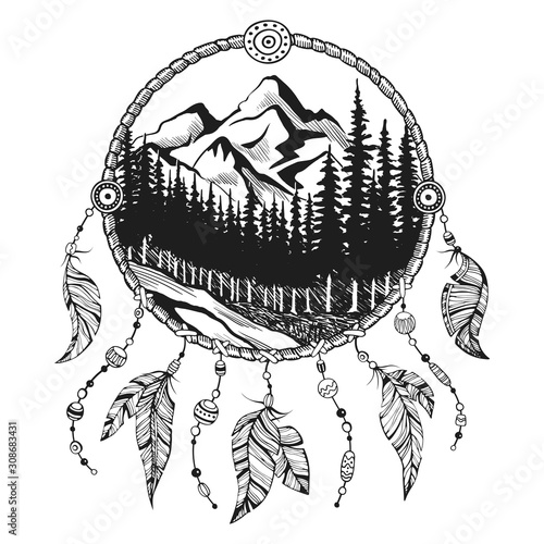 Black and white illustration of indian tribal dream catcher and forest. Native american hand drawn background
