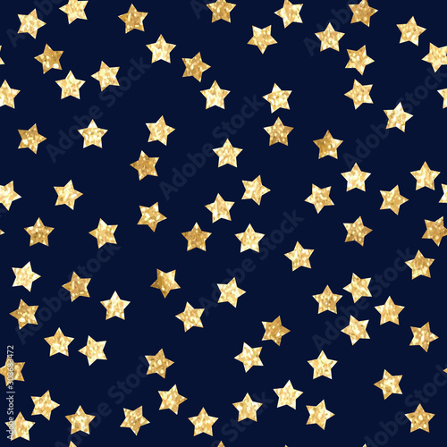 Dark blue seamless pattern with gold glitter stars