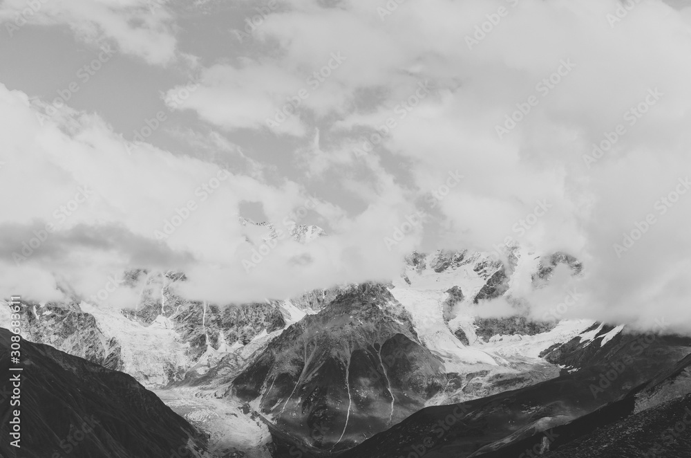 Black and white shot of Svaneti range and latpari pass, Ushguli, Svaneti region of Georgia