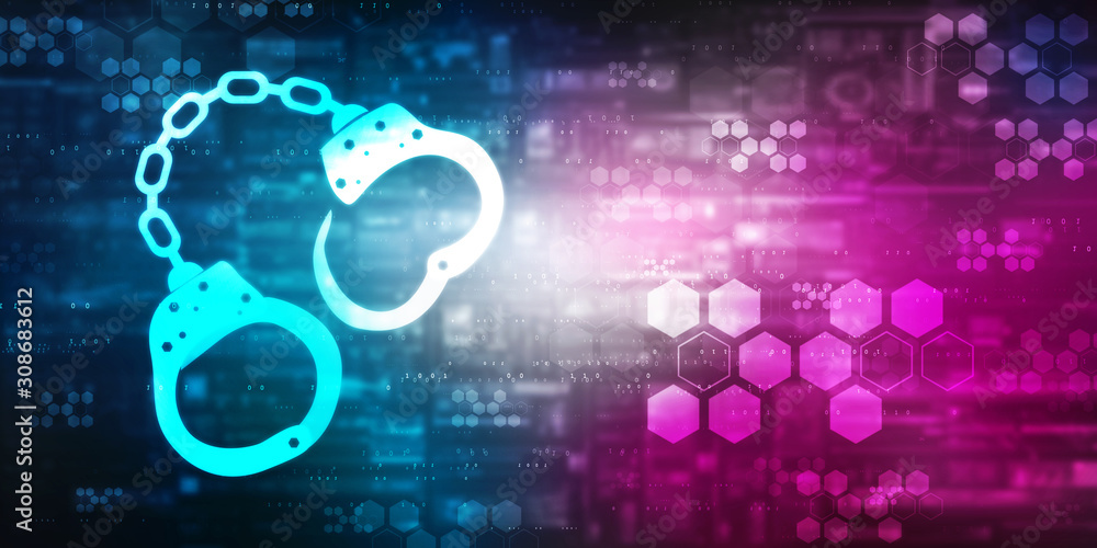 2d illustration Cyber Security concept: pixelated handcuffs icon on digital background, Cyber crime concept 2d illustration Cyber Security concept: pixelated handcuffs icon on digital background, Cyber crime concept