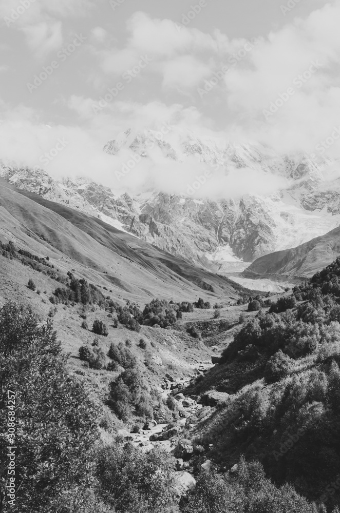 Black and white shot of Peak Shkhara Zemo Svaneti, Georgia. The main Caucasian ridge