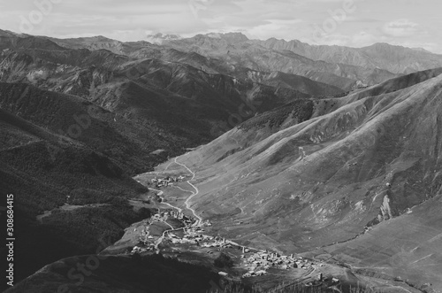 Black and white shot of Community Ushguli, Svanetia, Georgia, Main Caucasian Ridge.