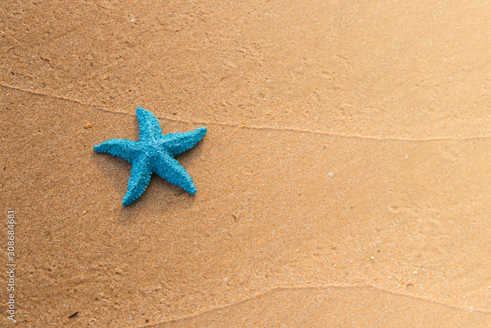Summer Vacation Concept : Blue starfish model toy on sand beach. (Selective focus) Summer Vacation Concept : Blue starfish model toy on sand beach. (Selective focus)