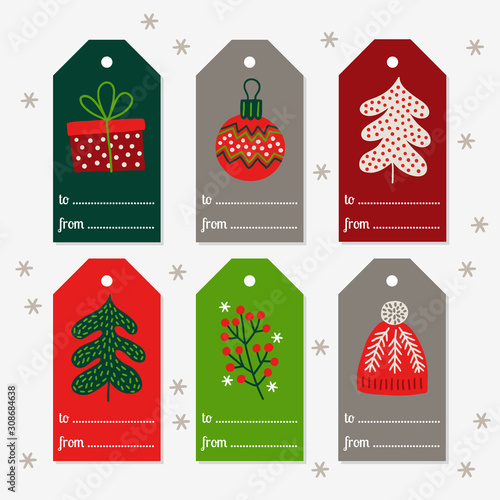 Christmas Gift Tags with present, ball, fir tree, berry, hat