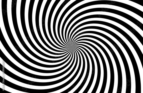 A black and white spiral optical illusion background. Stock illustration, monochrome photo