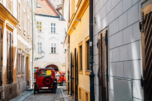 Old town street and city tour car in Bratislava, Slovakia
