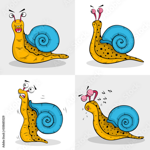 Set of cartoon snail different emotions on white background. vector illustration comic snail characters design.
