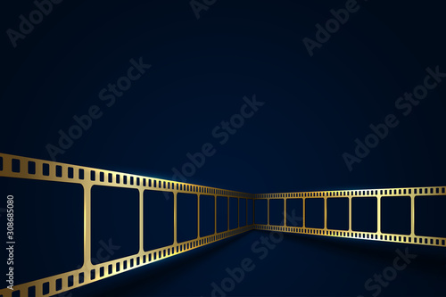 Realistic 3D gold cinema film strip isolated on blue background. Festive design cinema film frame with place for text. Vector template movie for advertisement, poster, brochure, banner, flyer. EPS 10