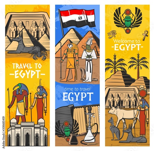 Ancient Egypt gods and landmarks, vector banners, Egypt travel and tourism sightseeing. Cairo pharaoh pyramids and sphinx, Egypt sacred animals, scarab symbol, Tutankhamen and Anubis with Osiris