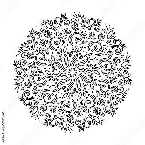 Fototapeta Naklejka Na Ścianę i Meble -  Zentangle mandala, page for adult colouring book, vector design element. Ornamental round black doodle flower, leaves isolated on white background.