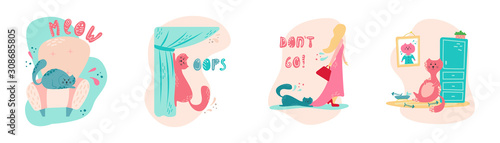 Set of hand-drawn funny cats that are naughty at home.