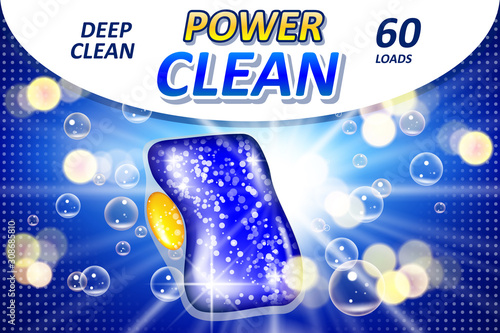 Dishwashing tablet soap ads. Realistic Liquid detergent gel for dishwasher machine advertising poster. 3d vector illustration
