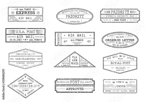 Airmail postage and post office stamps with city and date, vector icons. Express delivery, ordered letter and priority confidential stamps from New York USA America, Barcelona Spain and London Britain