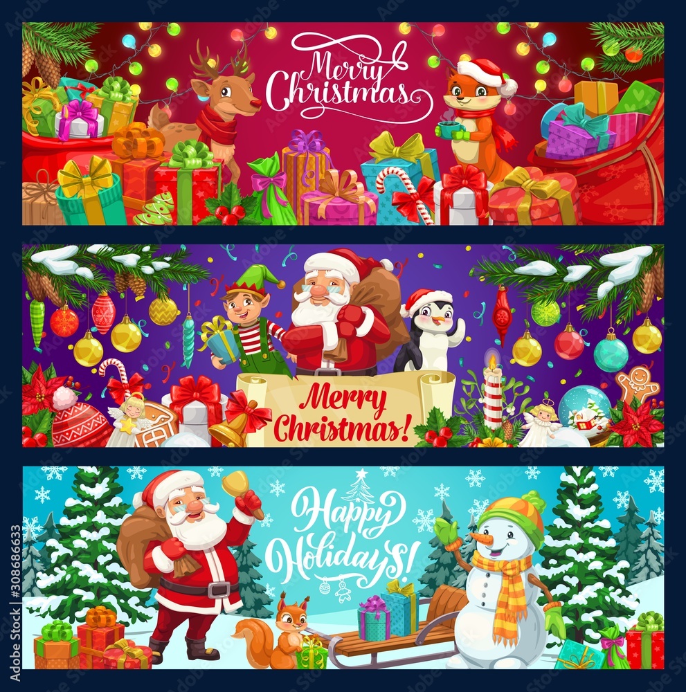 Fototapeta premium Santa, snowman, reindeer and elf with Christmas tree and gift vector banners. Claus with Xmas bell, bag of presents and candies, snow sledge, balls and ribbon bows, gingerbread cookies and snowflakes