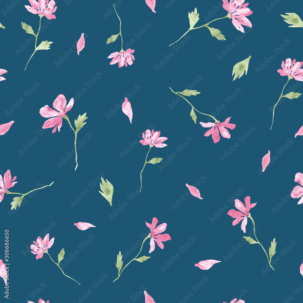 Little pink flowers watercolor painting - hand drawn seamless pattern on navy blue background