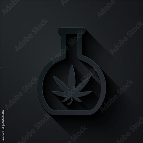 Paper cut Chemical test tube with marijuana or cannabis leaf icon isolated on black background. Research concept. Laboratory CBD oil concept. Paper art style. Vector Illustration