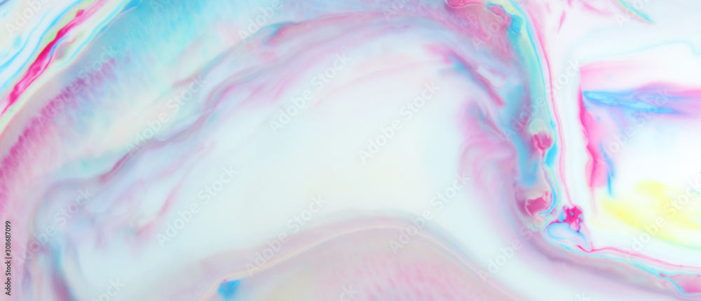 Fluid art. Trendy wallpaper. Abstract multicolored background. Holographic background. Design backdrop. Widescreen