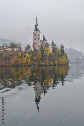 Island on a Bled Lake in Slovenia. Mysterious island in fog.