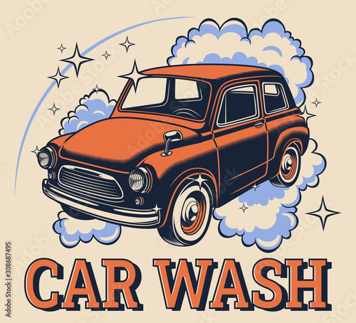 Retro car in bubbles