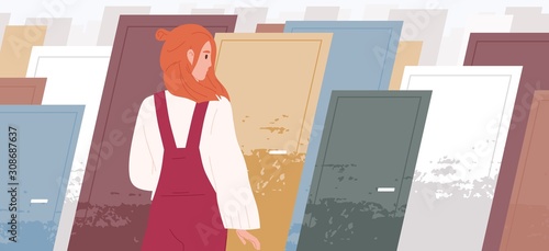 Life choices concept flat vector illustration. Woman cartoon character standing in front of multiple colorful doors. Finding right way, choosing path. Psychological choice. Right and wrong decisions.