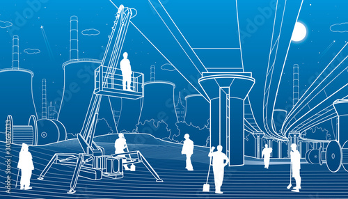 Construction site. People working. Service bridge. Industry machinery, crane lifts a man. Car overpass and power plant at background. Infrastructure urban buildings illustration. Vector design art