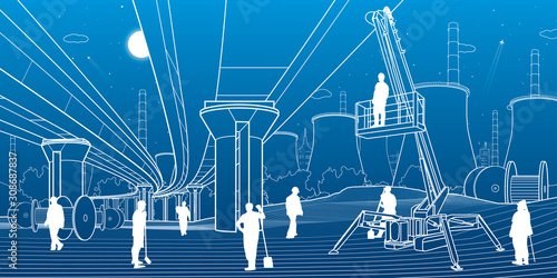 Construction site. People working. Service bridge. Industry machinery, crane lifts a man. Car overpass and power plant at background. Infrastructure urban buildings illustration. Vector design art