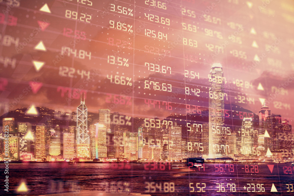 Fototapeta premium Multi exposure of forex chart drawings over cityscape background. Concept of success.