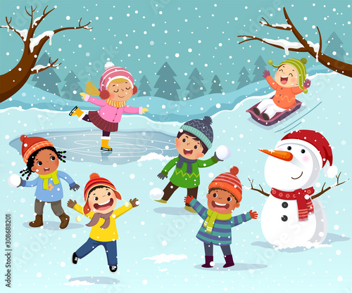 Winter outdoor activities with kids and snowman. Children playing snowballs, sledding and ice skating outdoor in winter.