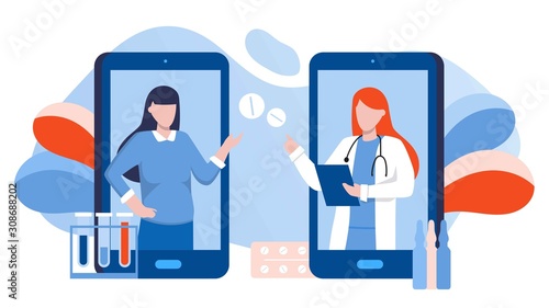 Doctor appointment. Online consultation. Modern healthcare technologies. Young female character talking with female doctor or gynecologist on smartphone screen. Birth control, menstrual cycle