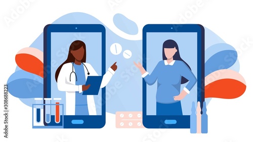 Doctor appointment. Online consultation. Modern healthcare technologies. Young female character talking with female doctor or gynecologist on smartphone screen. Birth control, menstrual cycle