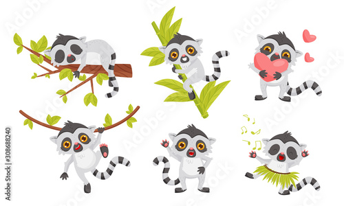 Cute Funny Little Lemur Cartoon Character Collection  Sweet Exotic Animal in Different Situations Vector Illustration