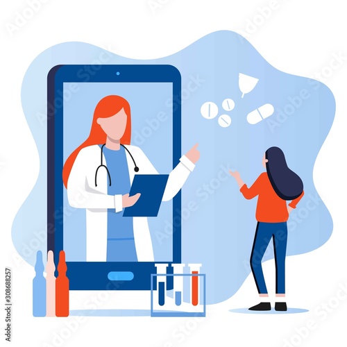 Doctor appointment. Online consultation. Modern healthcare technologies. Young female character talking with female doctor or gynecologist on smartphone screen. Birth control, menstrual cycle
