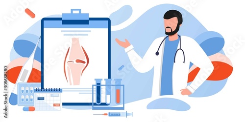 Doctors research human bones. Joint knee part pain. Human anatomy health care medical concept. World arthritis day in October, Osteoporosis banner. Orthopedics doctor. For landing page, banner