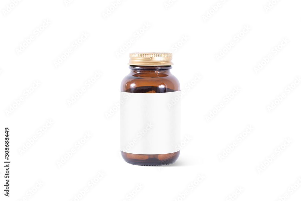 Blank amber glass pill can with white label mockup, isolated Blank amber glass pill can with white label mockup, isolated