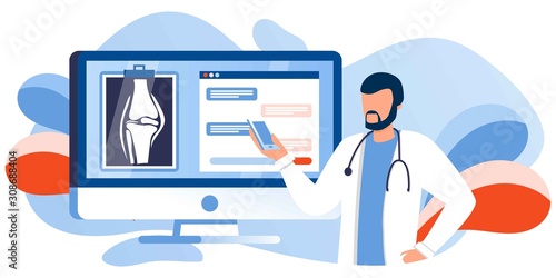 Joint, Bone Health Action Week. Osteoporosis world day, osteoarthritis anatomical. Joint pain, fragility of lower leg. Doctor looking at x-ray shot on computer screen. For banner, landing page, flyer