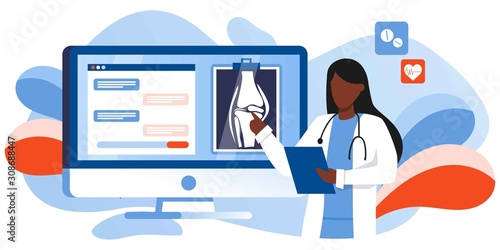 Joint, Bone Health Action Week. Osteoporosis world day, osteoarthritis anatomical. Joint pain, fragility of lower leg. Doctor looking at x-ray shot on computer screen. For banner, landing page, flyer