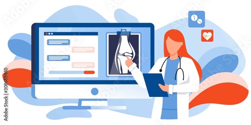Joint, Bone Health Action Week. Osteoporosis world day, osteoarthritis anatomical. Joint pain, fragility of lower leg. Doctor looking at x-ray shot on computer screen. For banner, landing page, flyer