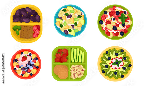 School Lunch Set, Trays with Healthy and Tasty Products, Top View Vector Illustration